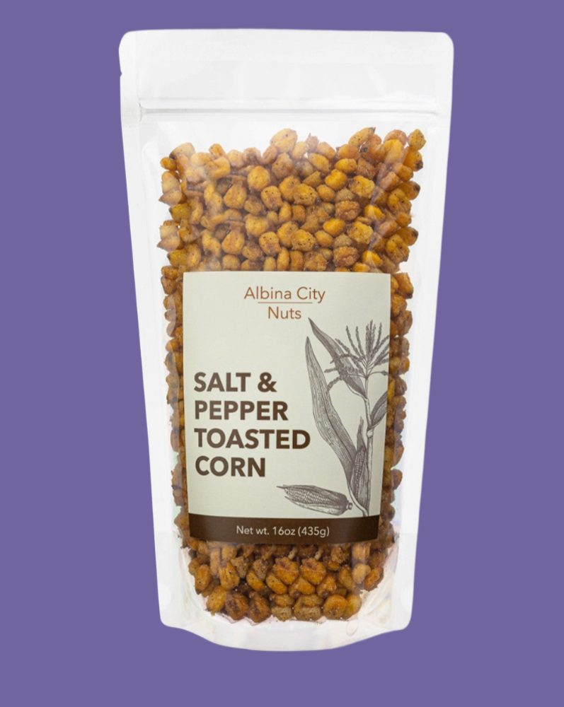 Packaged salt and pepper toasted corn with a visible label on a white background