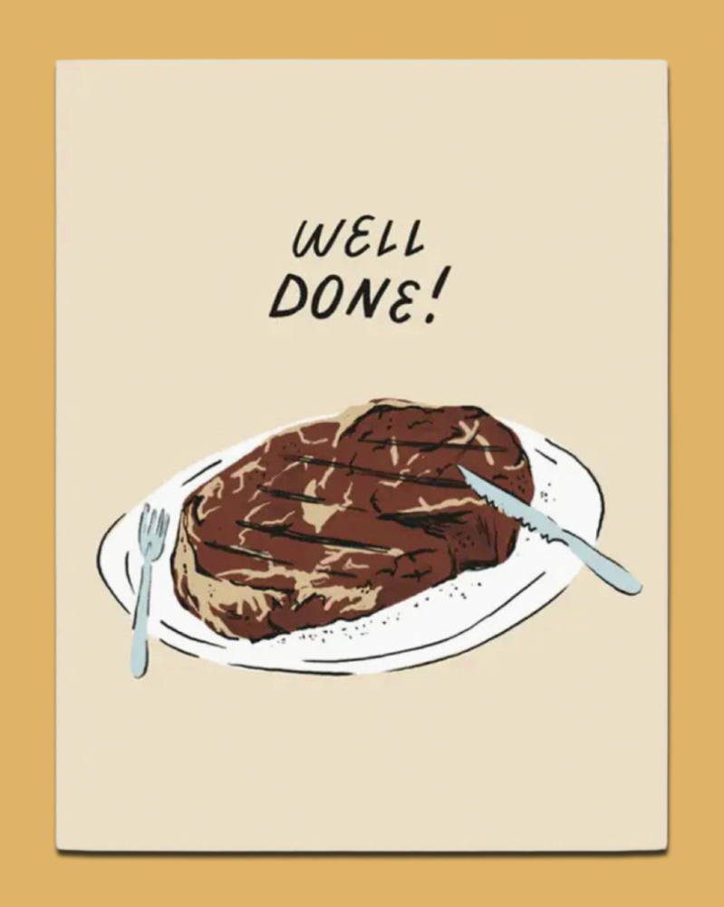 Card with a steak illustration and 'Well Done!' text on a beige background