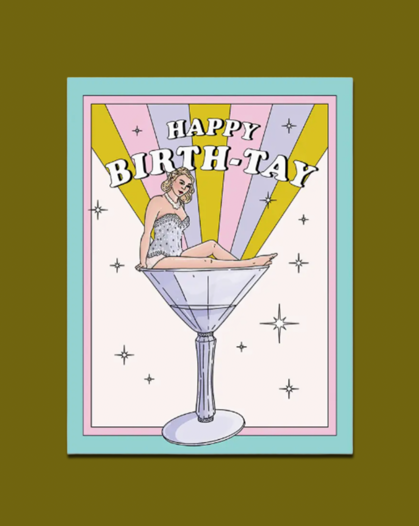 Birthday card with a woman in a dress sitting on a martini glass, featuring the text 'Happy Birth-tay' on a green background.