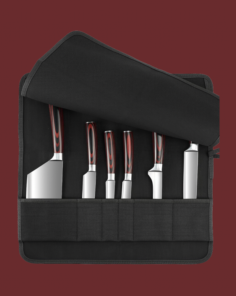 Set of knives with wooden handles in a black carrying case on a dark red background