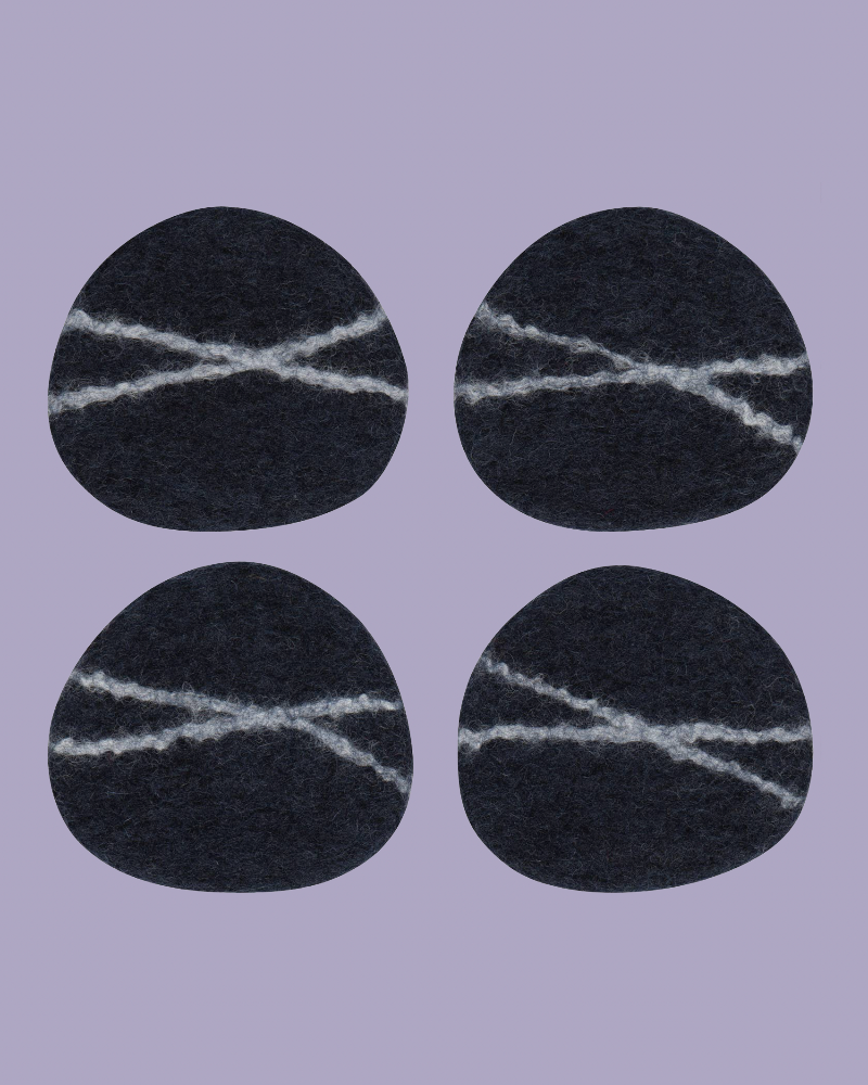 Four black circular patches with white stitching on a purple background