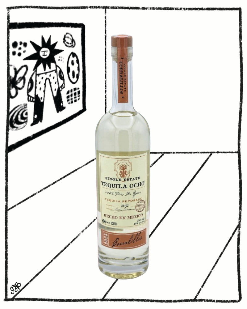 Tequila bottle labeled 'Tequila Ocho' on a geometric black and white background