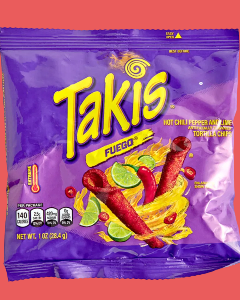 A 1 oz bag of Takis Fuego Hot Chili Pepper and Lime Torrilah Chips in its signature purple packaging, featuring the yellow Takis logo and illustrations of red chips, lime slices, and chili peppers.