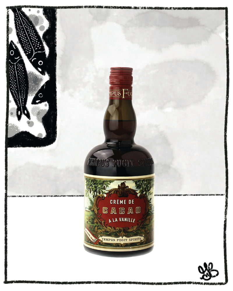 Creme de cacao bottle of liquor in front of a black and white background