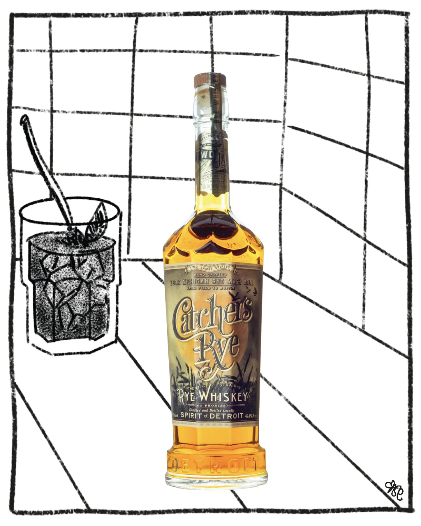 Bottle of Catcher's Rye whiskey with a glass of cocktail on a tiled background