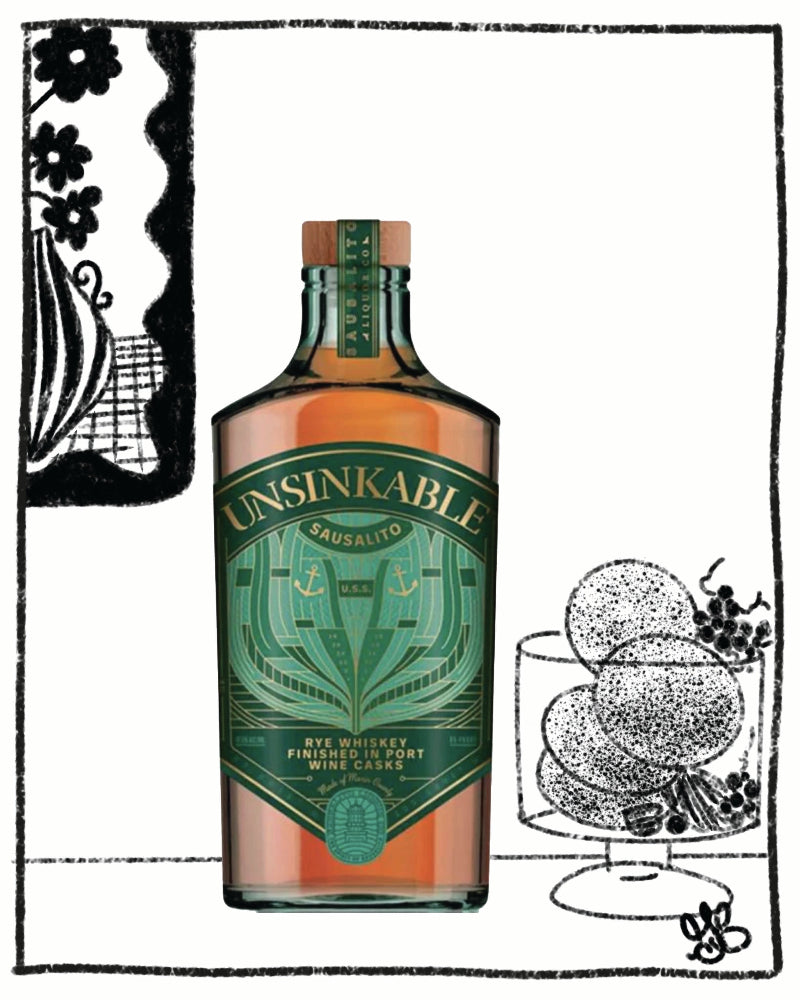 Bottle of Unsinkable Sausalito Rye Whiskey with decorative elements on a black and white background