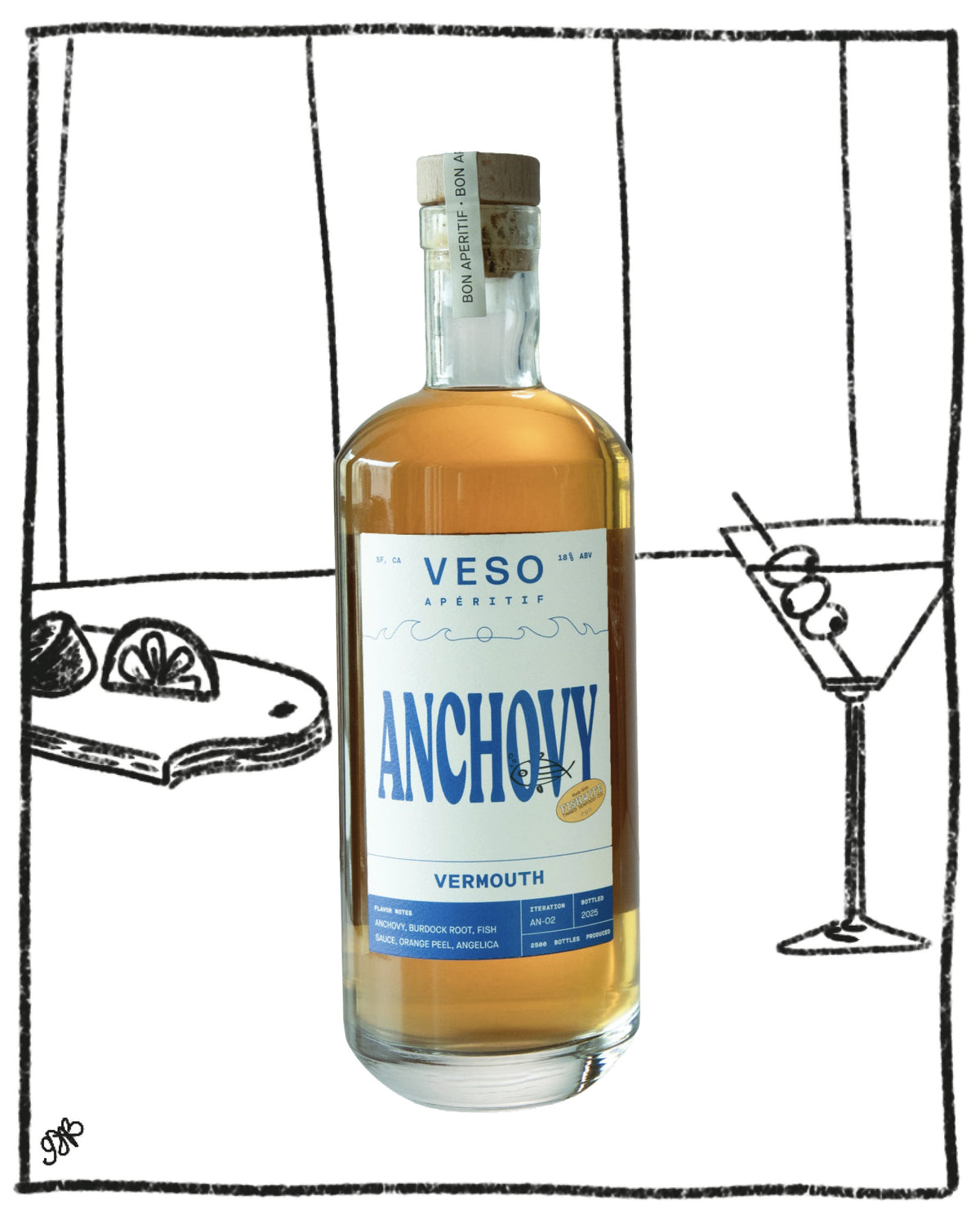 A bottle of VESO Anchovy Vermouth centered on a white background with hand-drawn black line sketches of food and a martini glass around it.