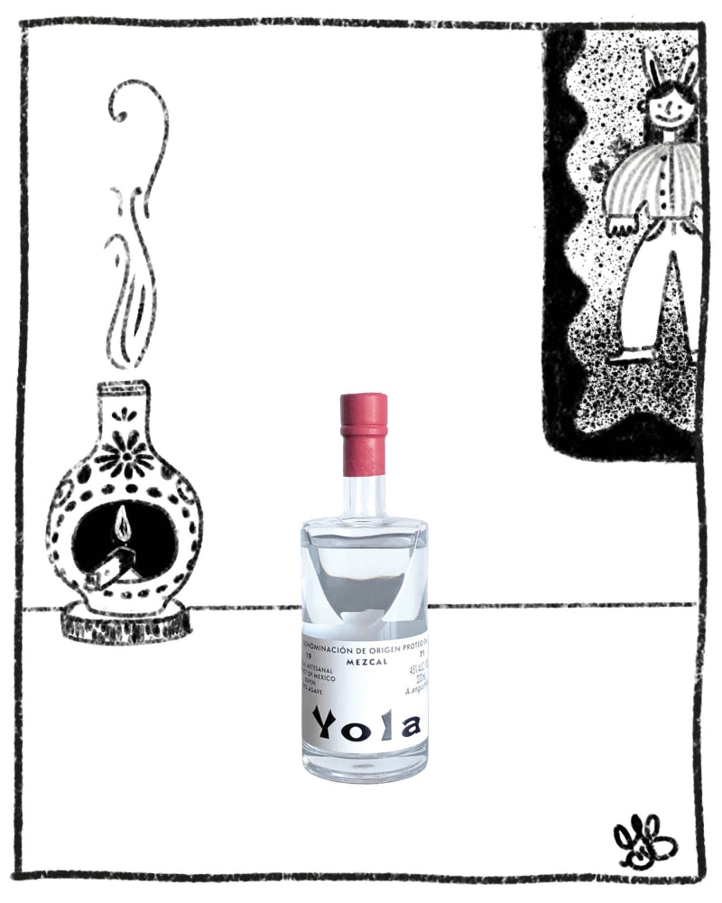 Bottle of Yola mezcal with decorative elements on a white background