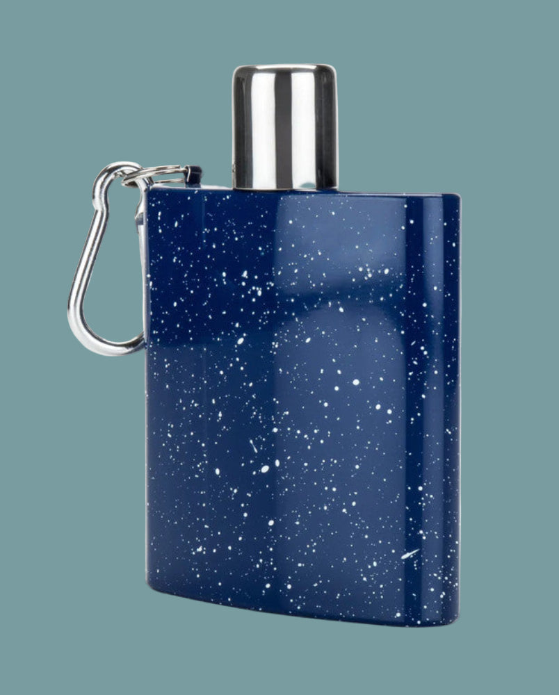 Blue speckled flask with a silver cap on a white background