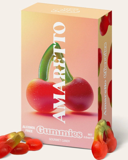 Box of Amaretto gummies with cherry design on a white background