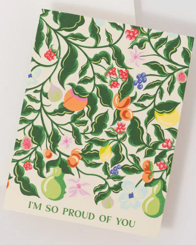 Greeting card with floral design and 'I'm so proud of you' text on a white background