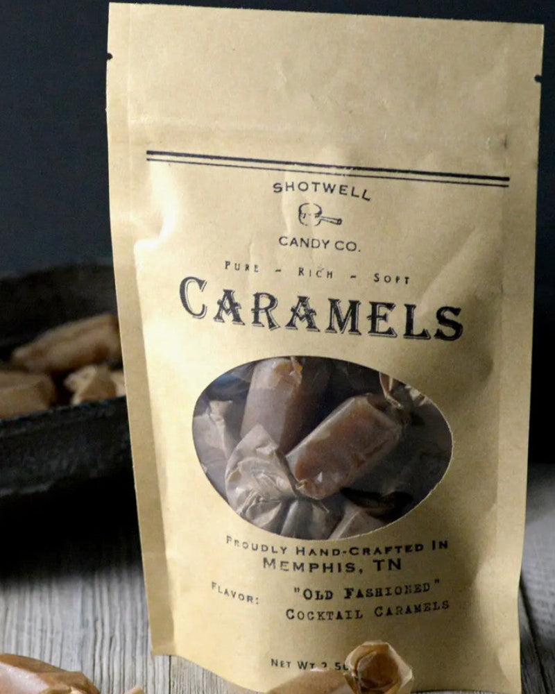 Package of Shotwell Candy Co. Caramels with a dark background