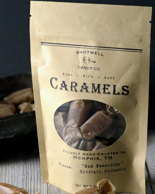 Package of Shotwell Candy Co. Caramels with a dark background