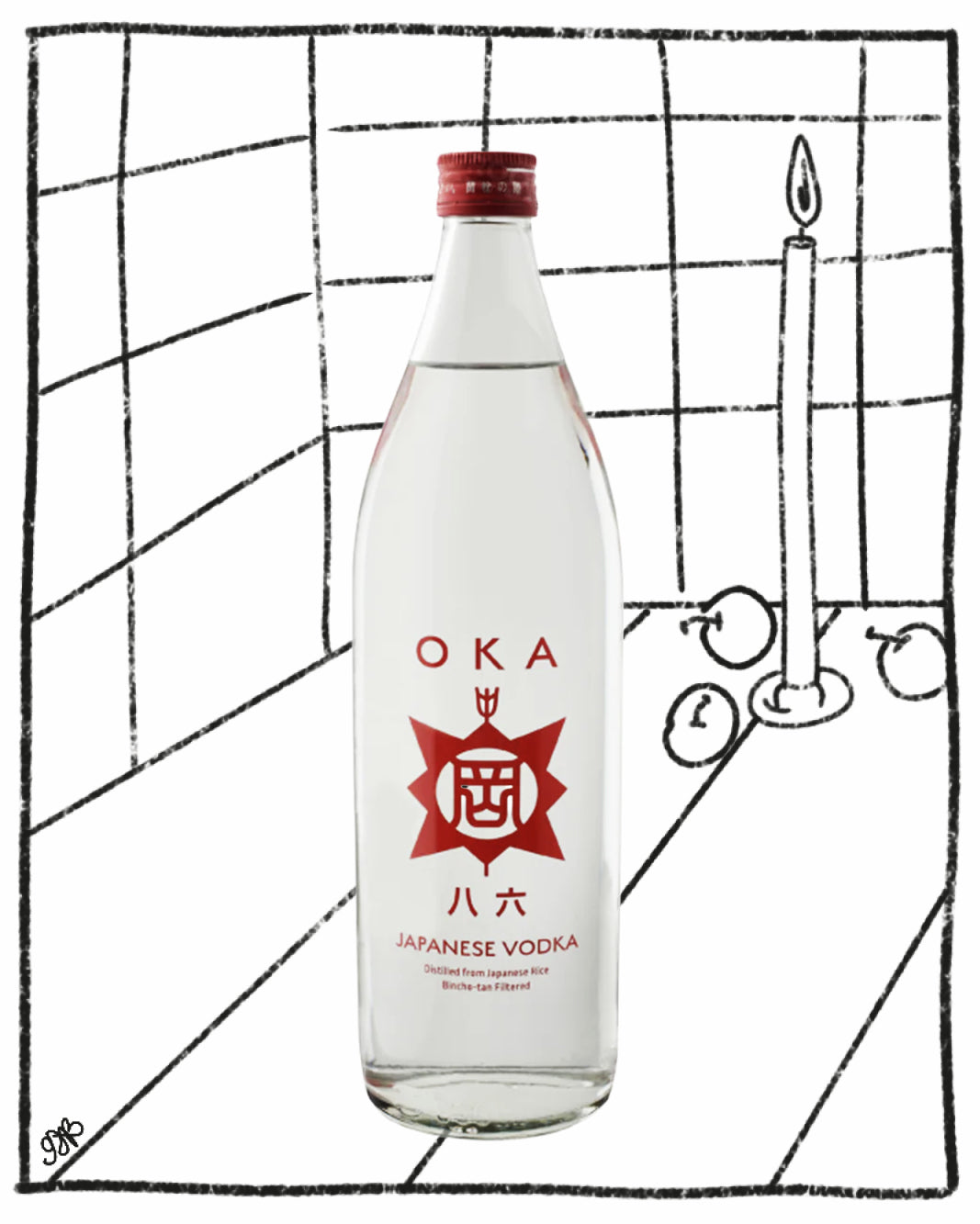 OKA Japanese Vodka bottle on a black and white grid background