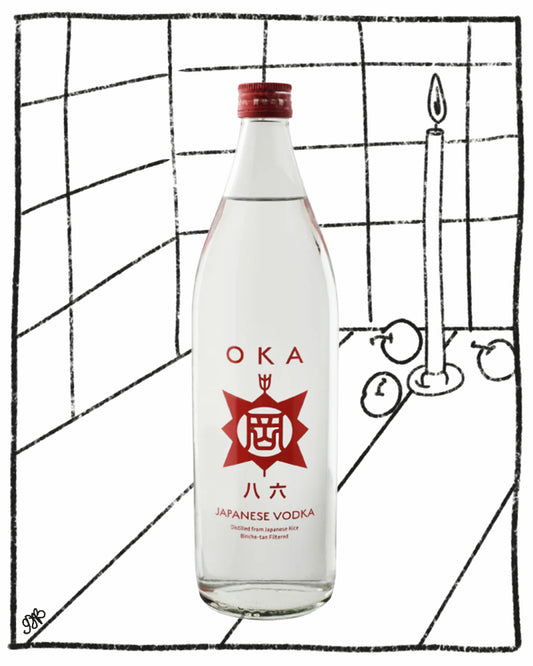 OKA Japanese Vodka bottle on a black and white grid background