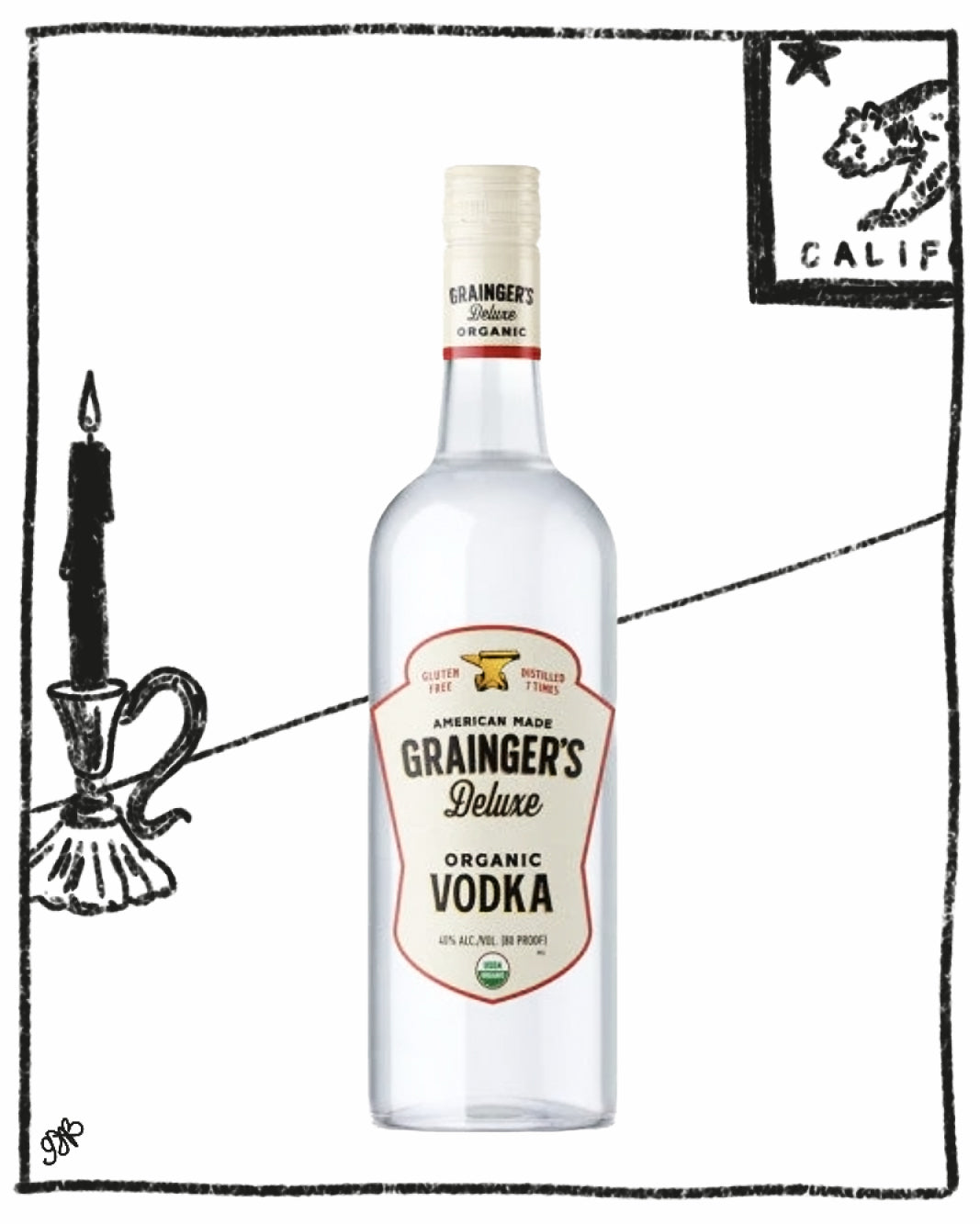 Grainger's Organic Vodka bottle with decorative elements on a white background