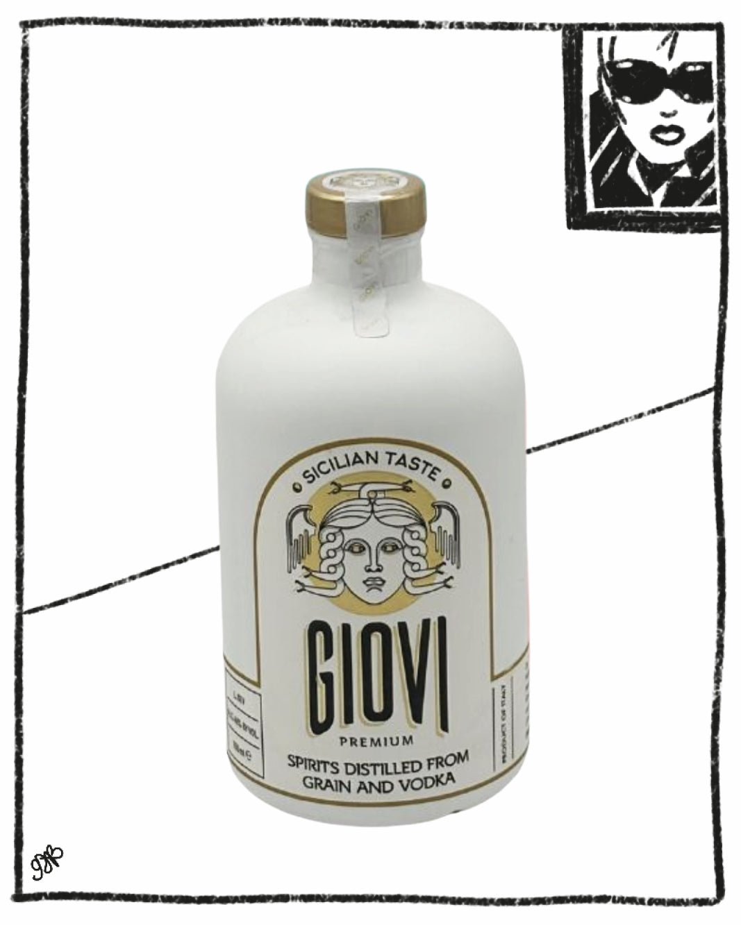 Giovi vodka bottle with a decorative label on a white background
