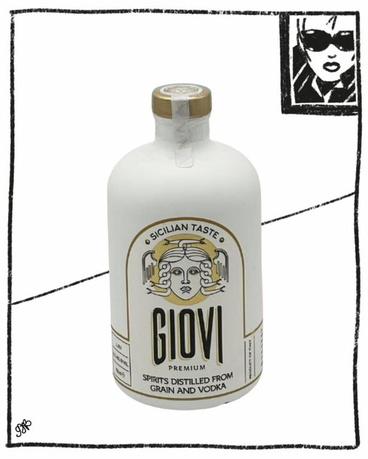 Giovi vodka bottle with a decorative label on a white background