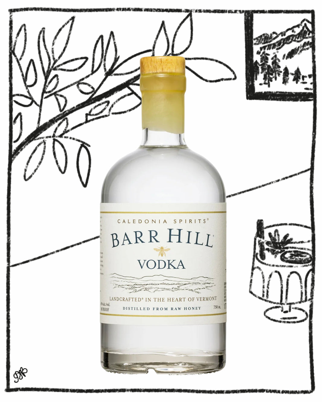 Bottle of Barr Hill Vodka with a decorative background