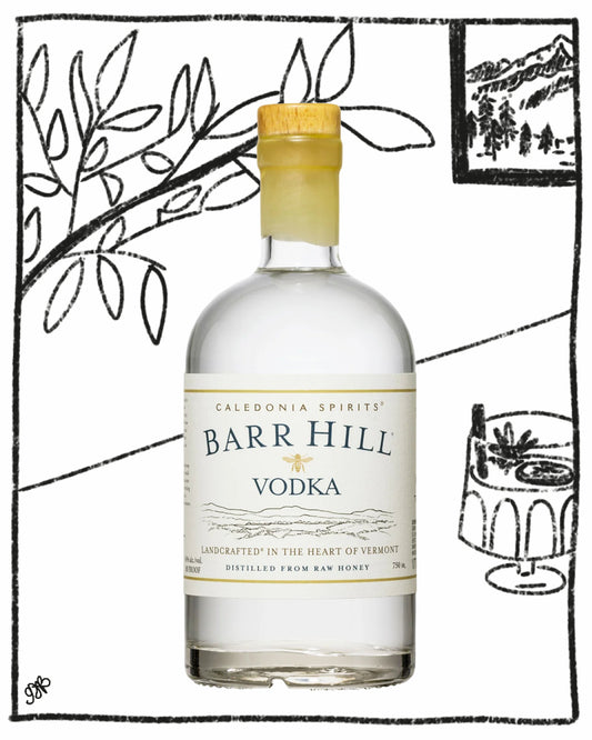 Bottle of Barr Hill Vodka with a decorative background