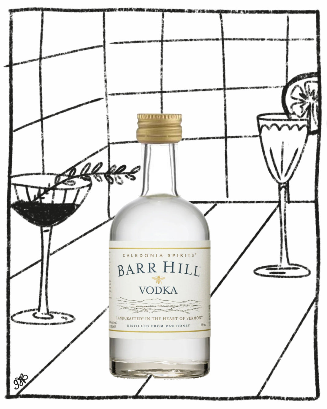 Bottle of Barr Hill Vodka with cocktail illustrations on a black and white grid background