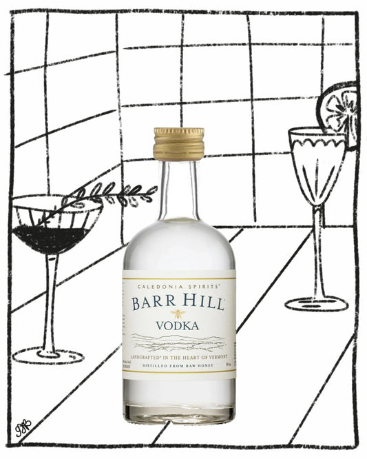 Bottle of Barr Hill Vodka with cocktail illustrations on a black and white grid background