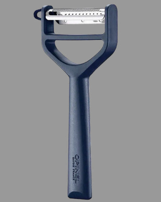 Blue y-shaped peeler with metallic blade on a gray background