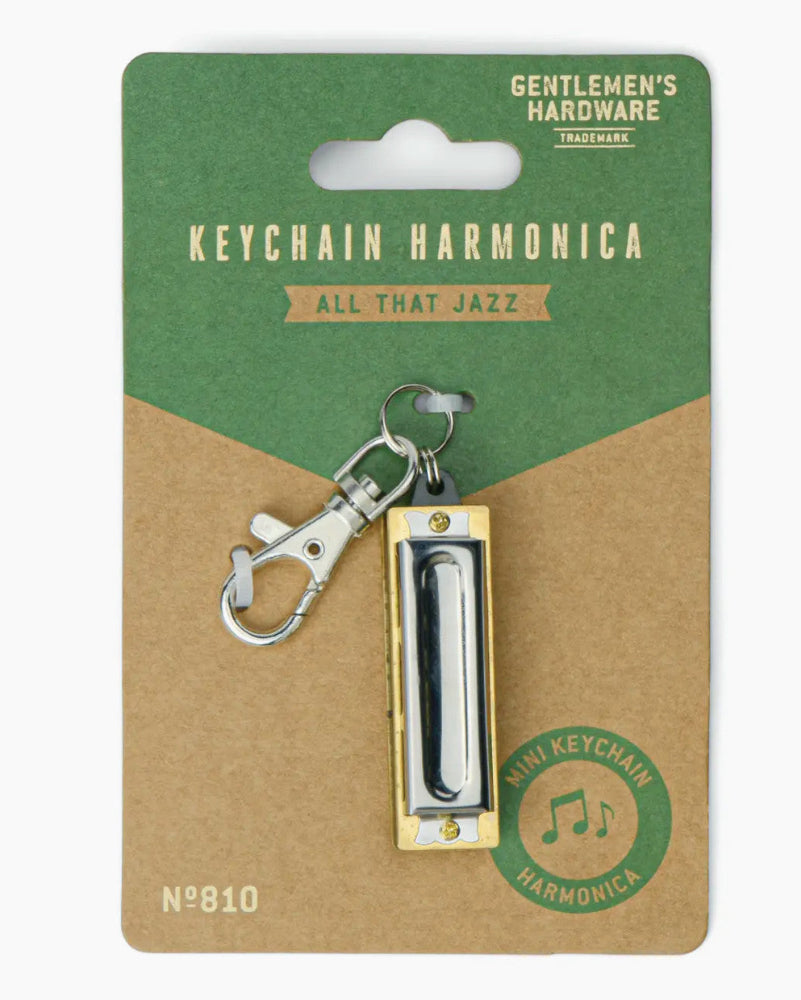 Keychain harmonica on a packaging card with 'Gentlemen's Hardware' branding.