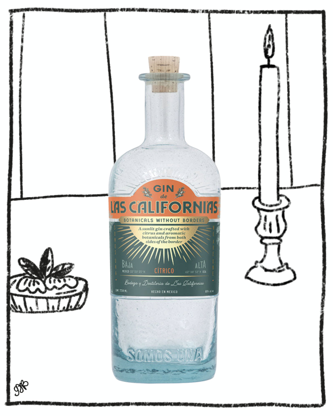Bottle of 'Las Californias' gin with a label on a white background