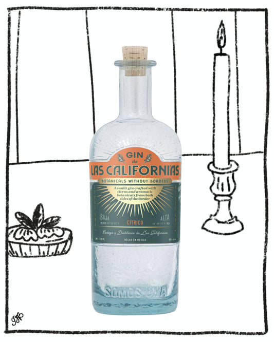 Bottle of 'Las Californias' gin with a label on a white background
