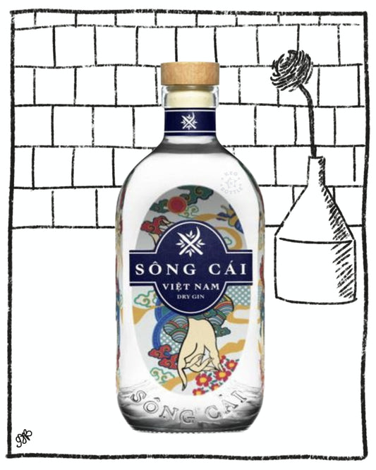 SÃƒÂ²ng CÃƒÂ¡i dry gin bottle on a tiled background