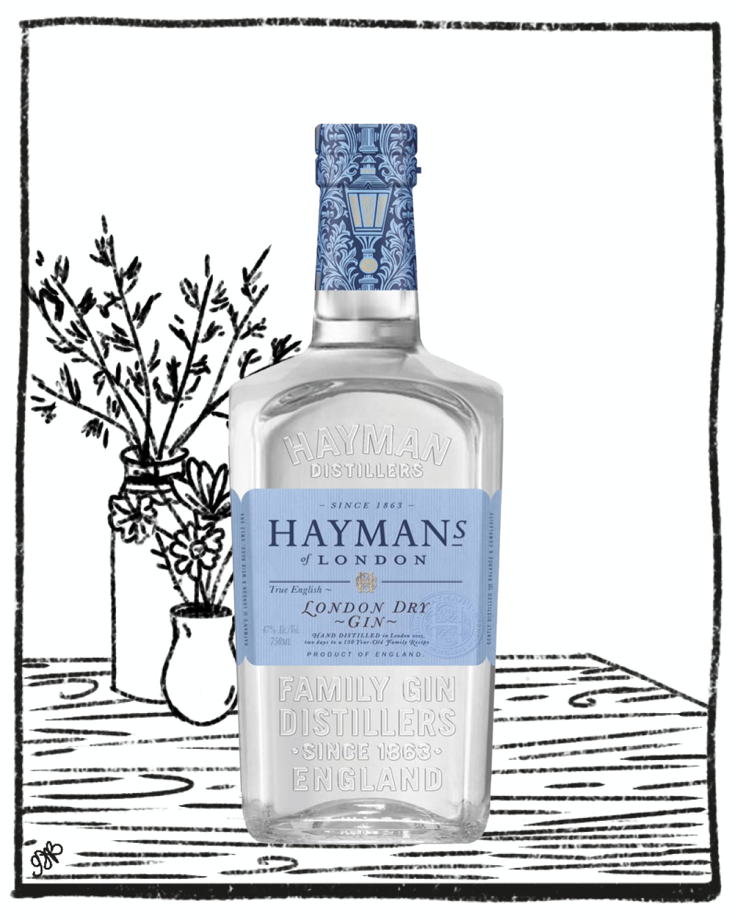 Hayman's London Dry Gin bottle with decorative background