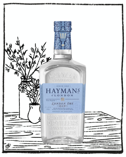 Hayman's London Dry Gin bottle with decorative background