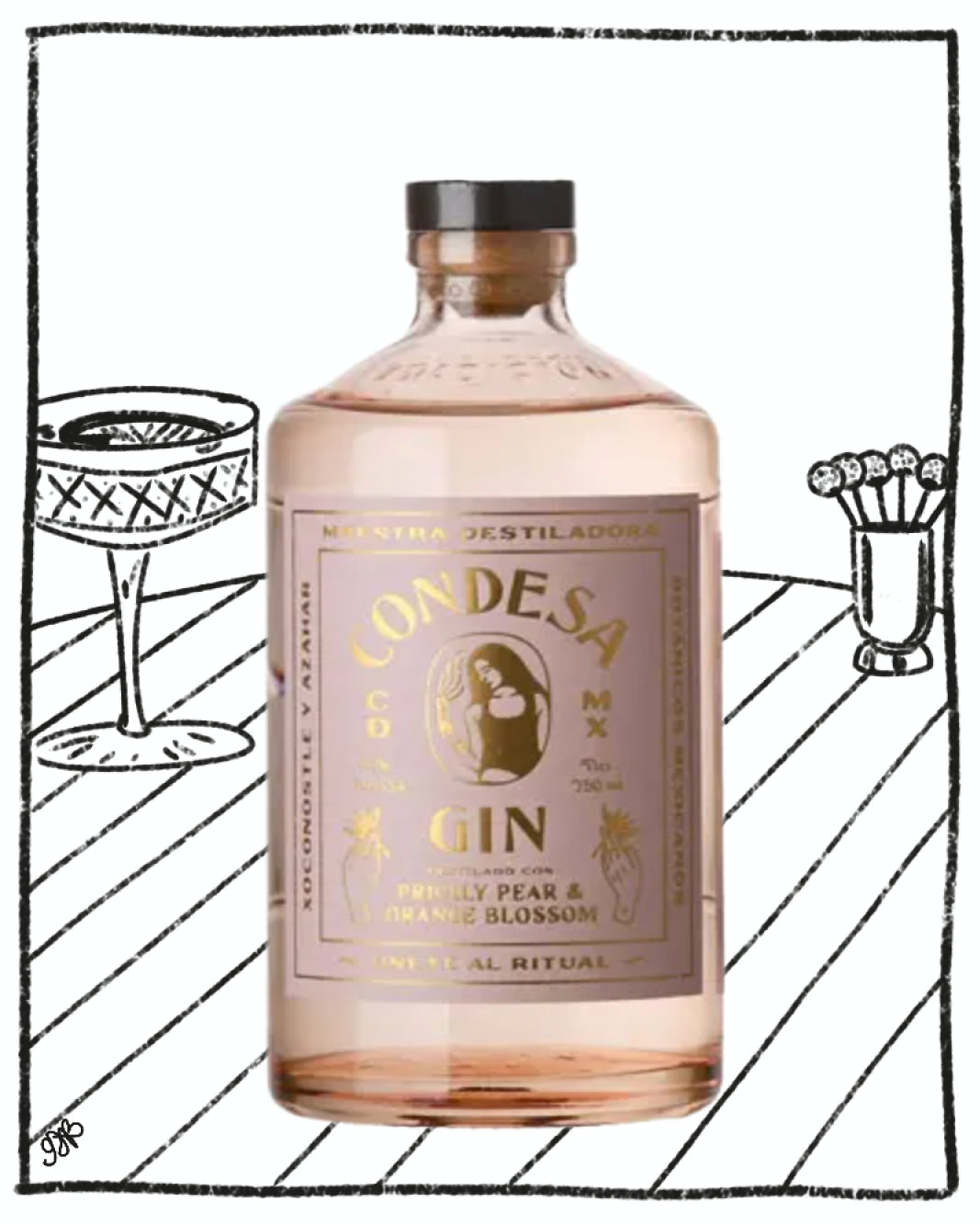 Bottle of Condesa Gin with decorative illustrations of a cocktail glass and flowers on a white background.