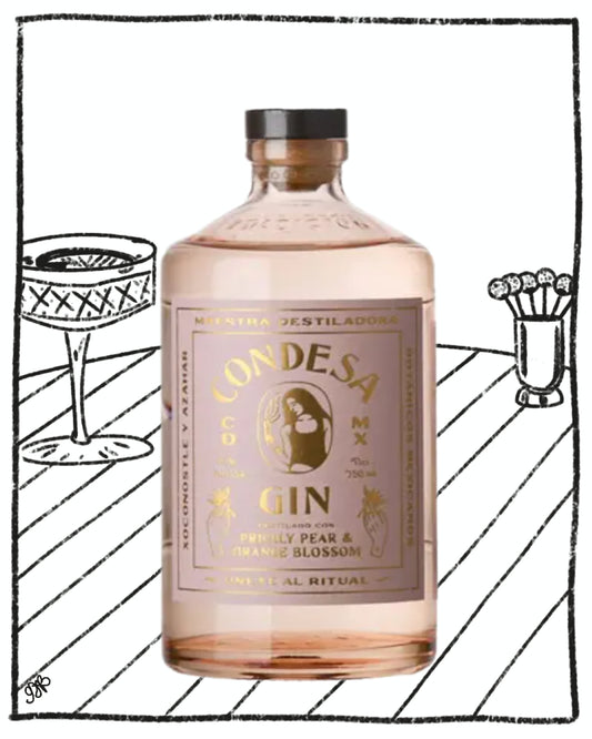 Bottle of Condesa Gin with decorative illustrations of a cocktail glass and flowers on a white background.