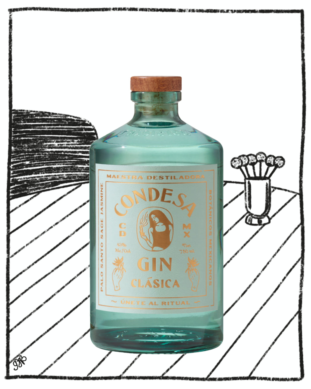 Bottle of Condesa Gin Clasica with a label on a white background