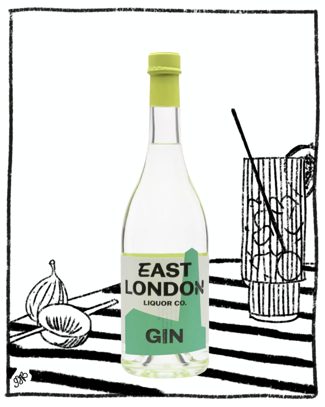 Bottle of East London Gin with a black and white striped background