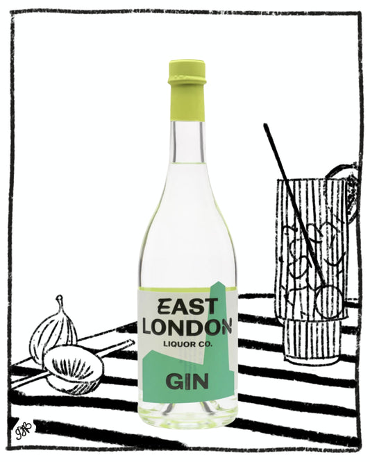 Bottle of East London Gin with a black and white striped background