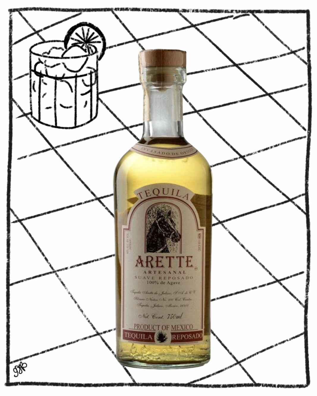 Bottle of Arette tequila with a cocktail illustration in the corner on a geometric patterned background