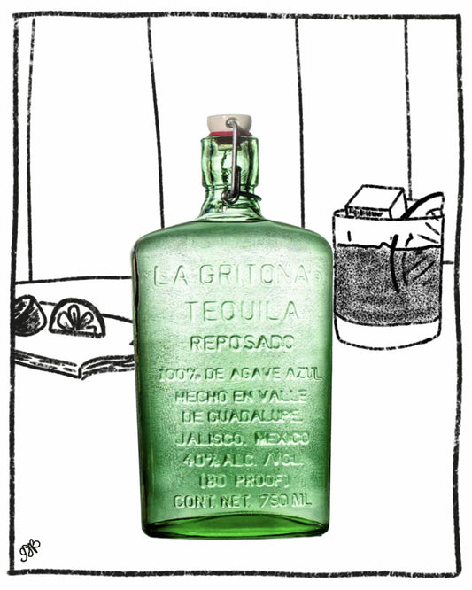 Green tequila bottle labeled 'La Gritona Tequila' with a black and white drawing of a bar scene in the background.