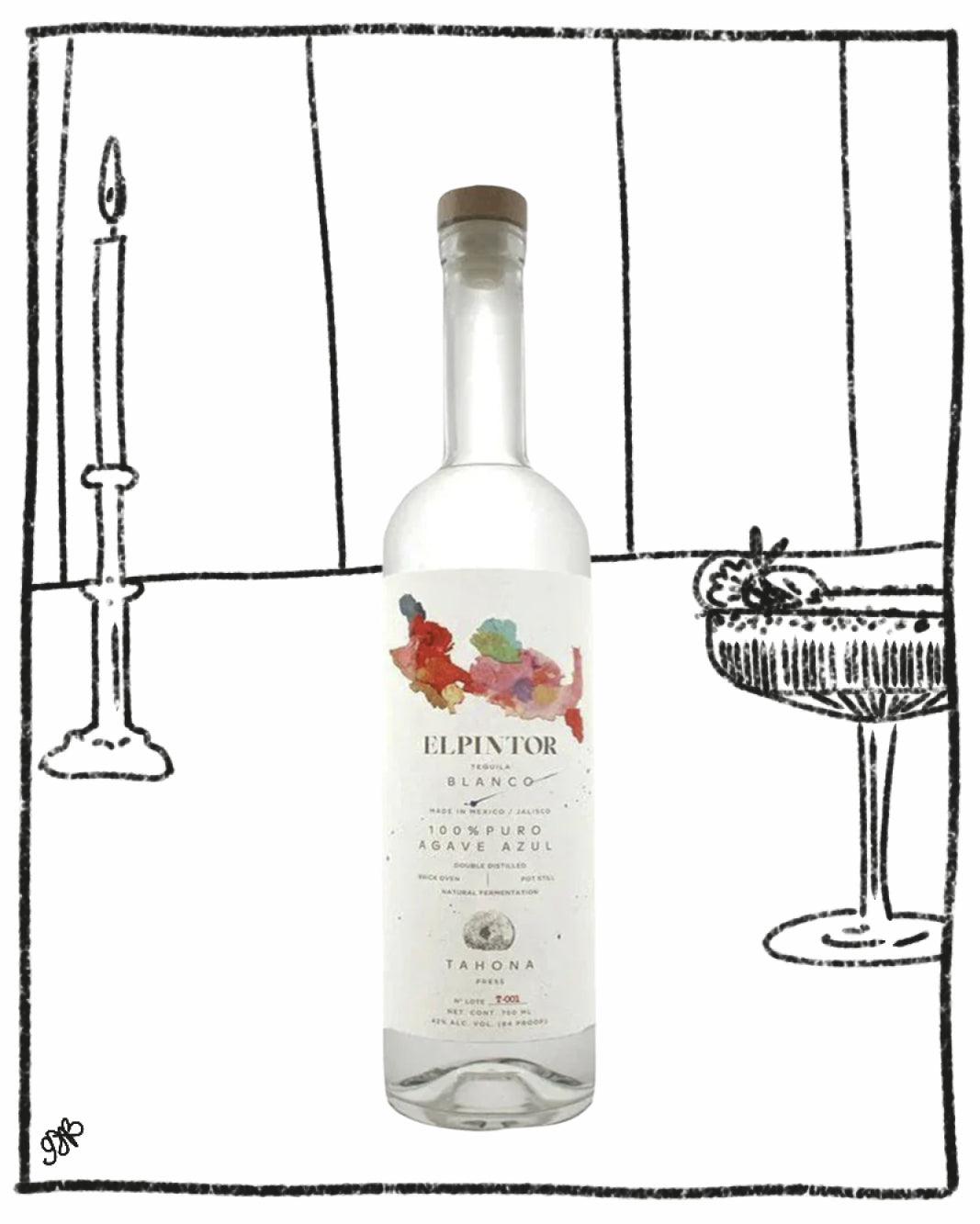 Bottle of Elpixtor vodka with a decorative label against a black and white illustrated background.