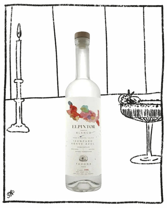 Bottle of Elpixtor vodka with a decorative label against a black and white illustrated background.