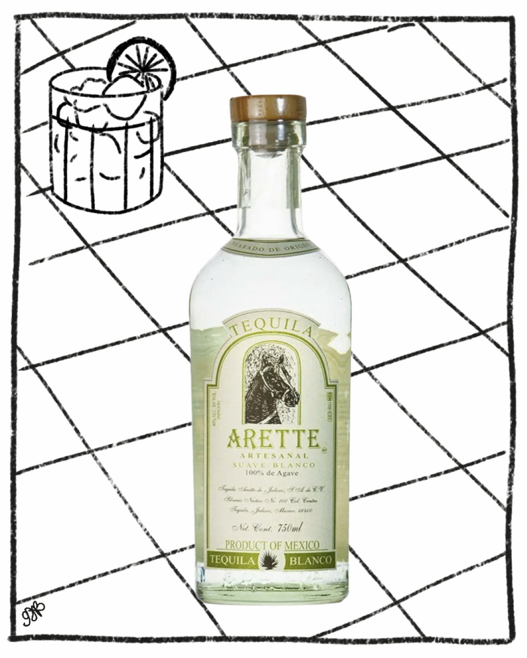 Arette tequila bottle on a geometric patterned background