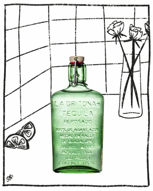 Green tequila bottle labeled 'La Gritona' with flowers and lime slices on a grid background