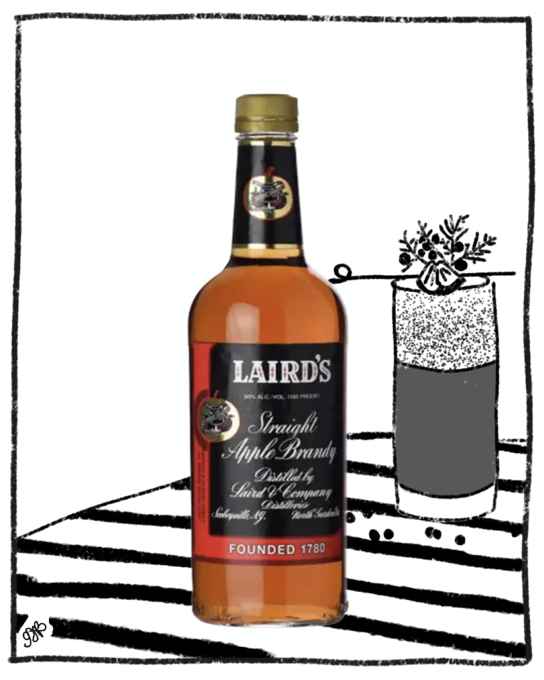 Bottle of Laird's Straight Apple Brandy with a glass illustration on a black and white striped background