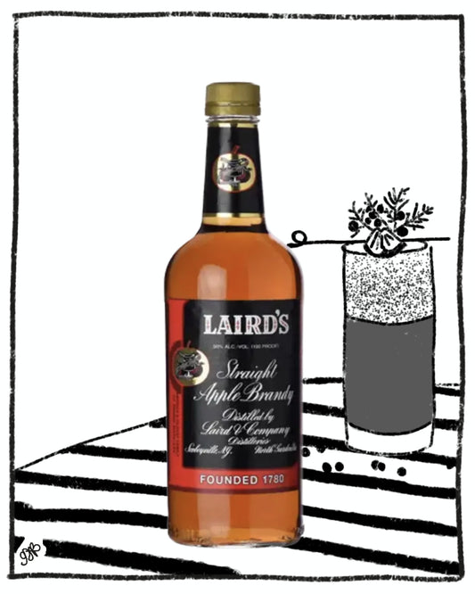 Bottle of Laird's Straight Apple Brandy with a glass illustration on a black and white striped background
