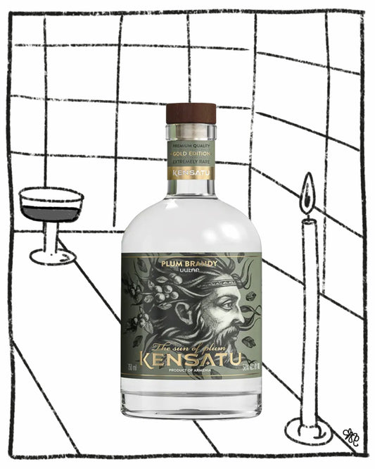 Bottle of Plum Brandy with a label featuring a face and text, set against a black and white grid background.