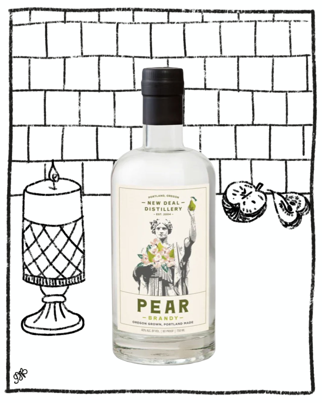Bottle of pear brandy with a decorative label against a black and white tiled background