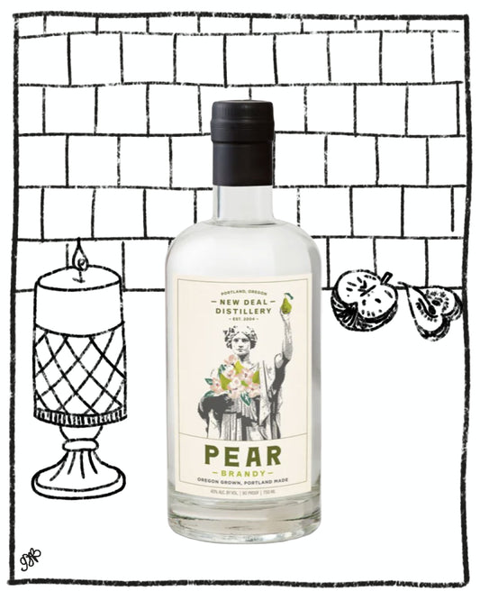 Bottle of pear brandy with a decorative label against a black and white tiled background