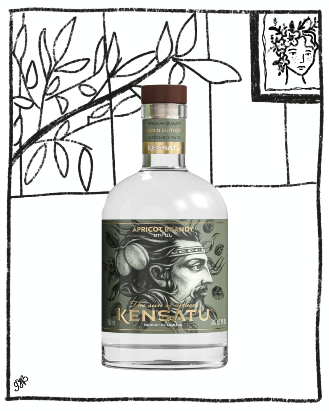 Bottle of KENSATU with decorative elements on a white background